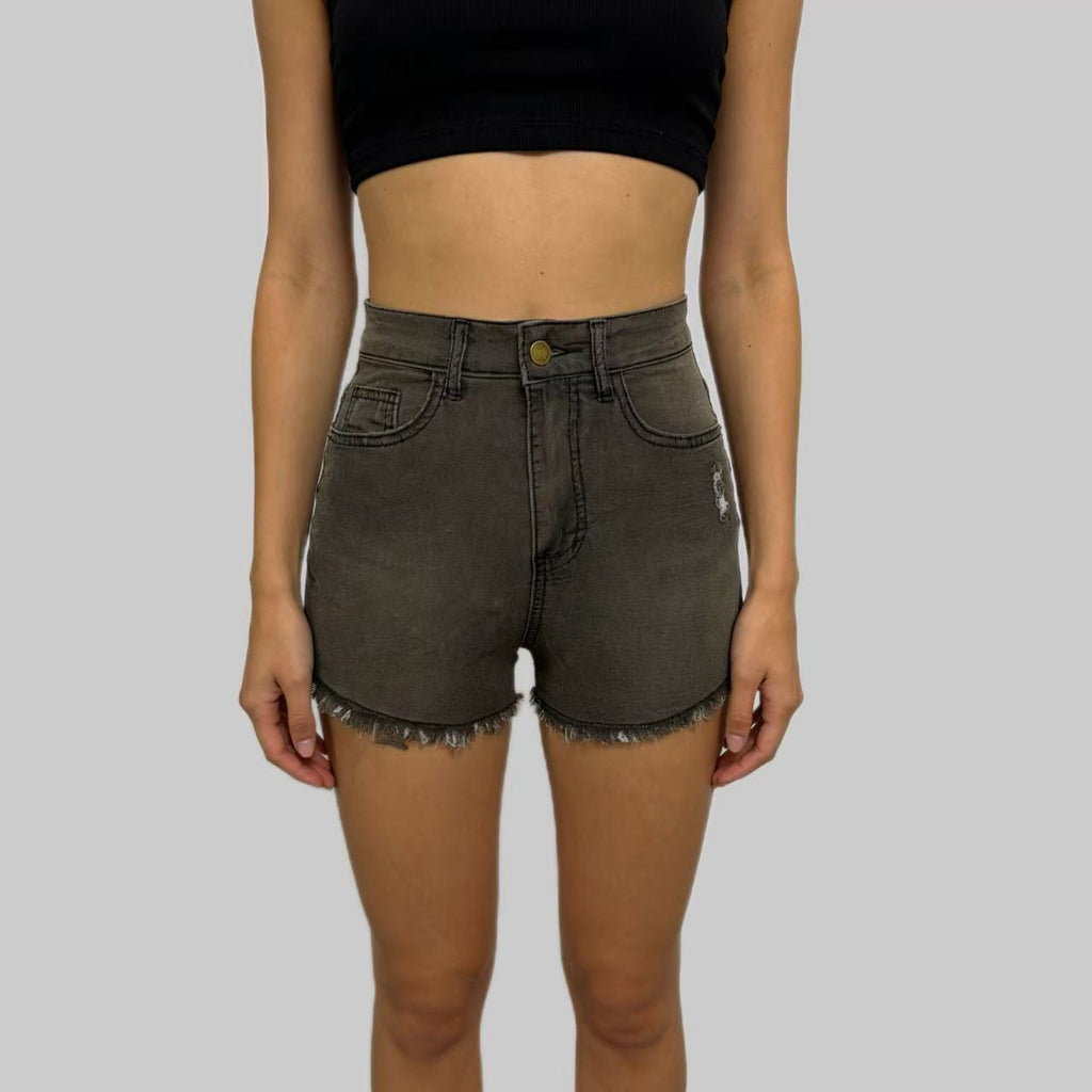Stretch Slim Fit Ripped Tassel Women Jeans Denim Shorts