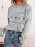 Autumn Winter Clear Cute Floral Embroidery Contrast Color Knitted Pullover Casual Loose Sweater