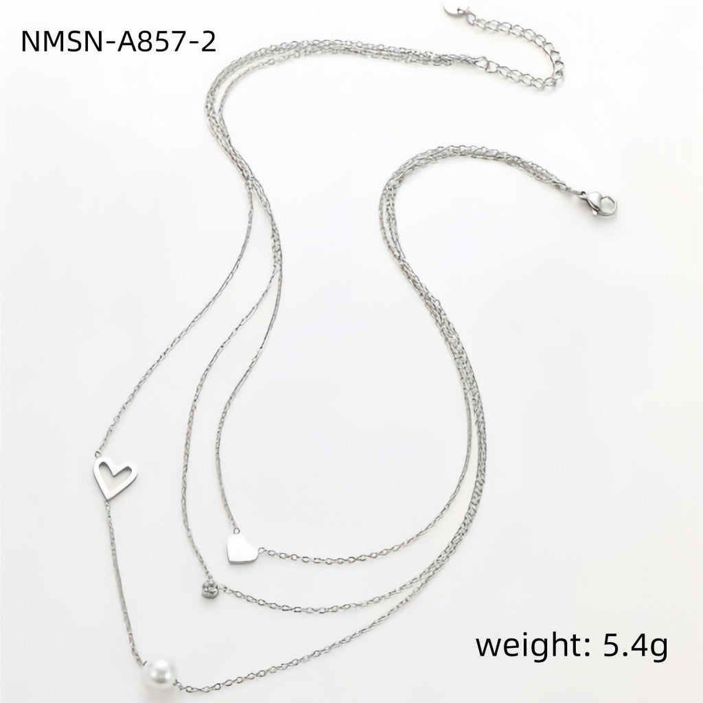 Fashionable Simple 18K Gold Stainless Steel Lovely Pearl Zircon Clavicle Three Chain Twin Necklace for Women