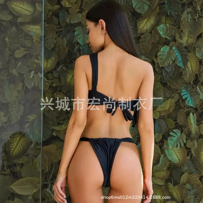 Swimsuit for Women 2025 European and American High-End One-Shoulder Twist Bikini Russian Sexy Drawstring Thong Split Swimsuit by Dropshipman