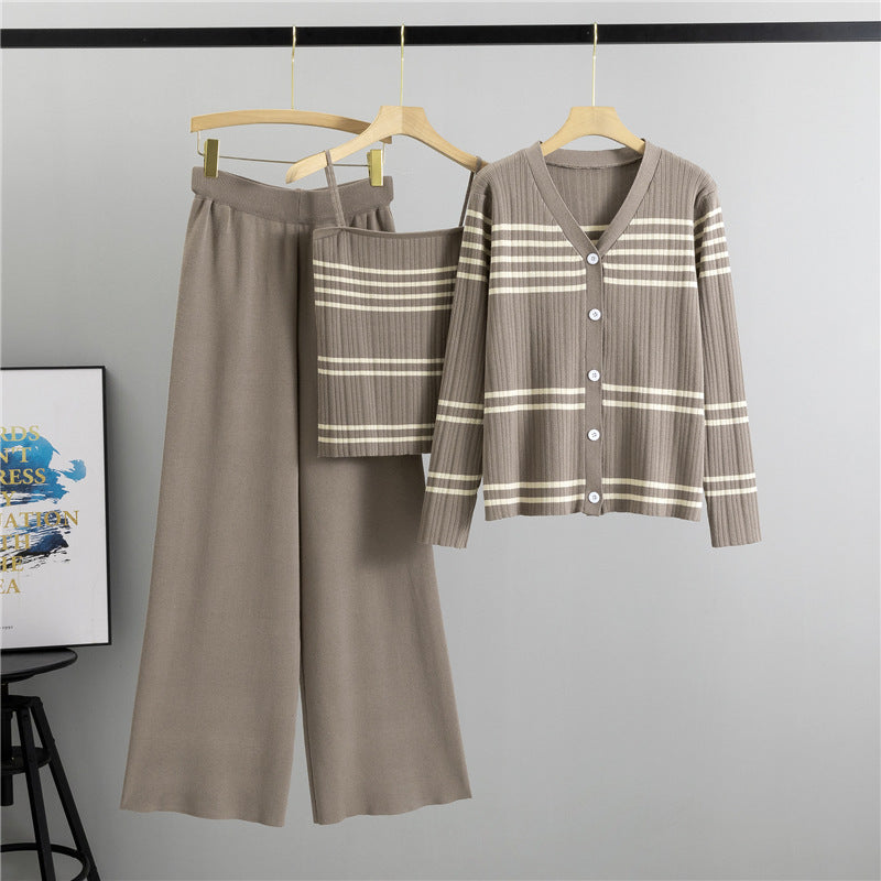 Gestreifter Spaghettiträger-Cardigan Dreiteiliges Set Modisch Temperamentvoll All-Match Strick Zweiteilige Sets Damen Herbst Winter