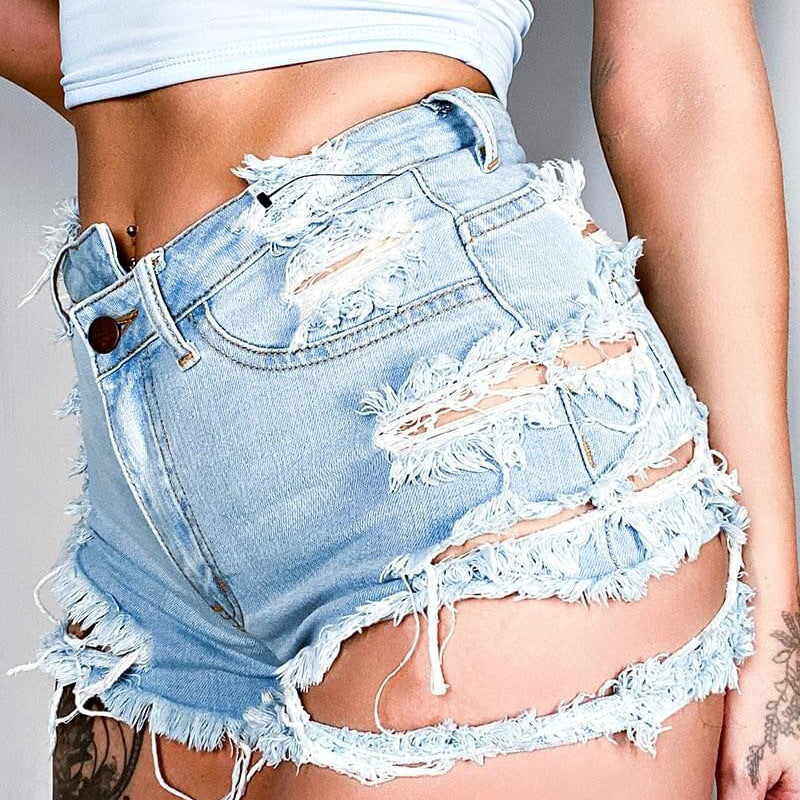Jeans Damen Sommer Trendy High Waist Zerrissene Fransen-Shorts