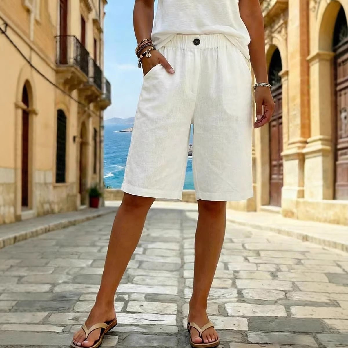 Women Faux Cotton Linen Shorts Summer Casual Everyday Mid Rise Solid Color Shorts