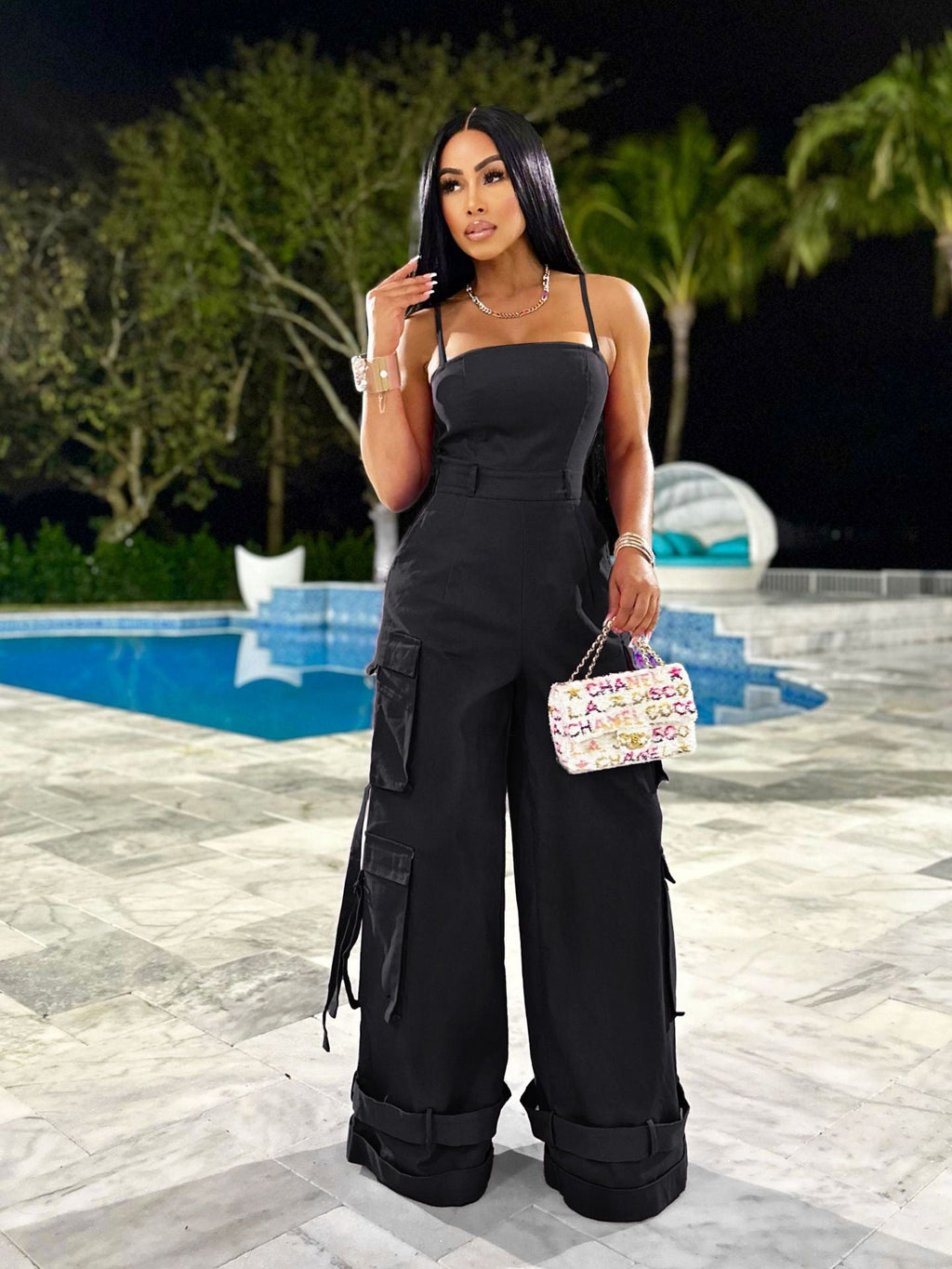 Damenkleidung Sexy Trägertop Multi-Pocket Workwear Jumpsuit Weites Bein Jumpsuit