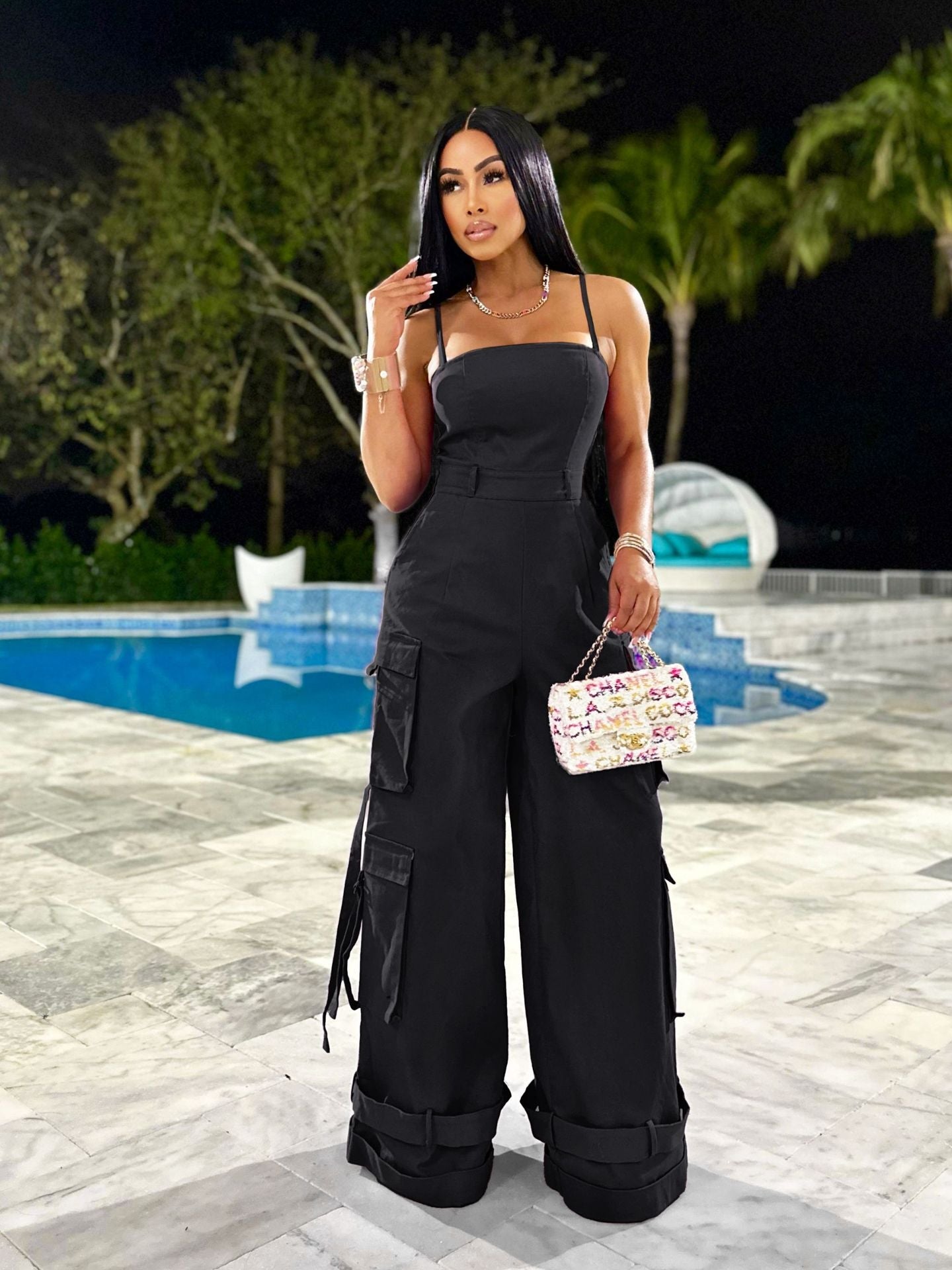 Damenkleidung Sexy Trägertop Multi-Pocket Workwear Jumpsuit Weites Bein Jumpsuit