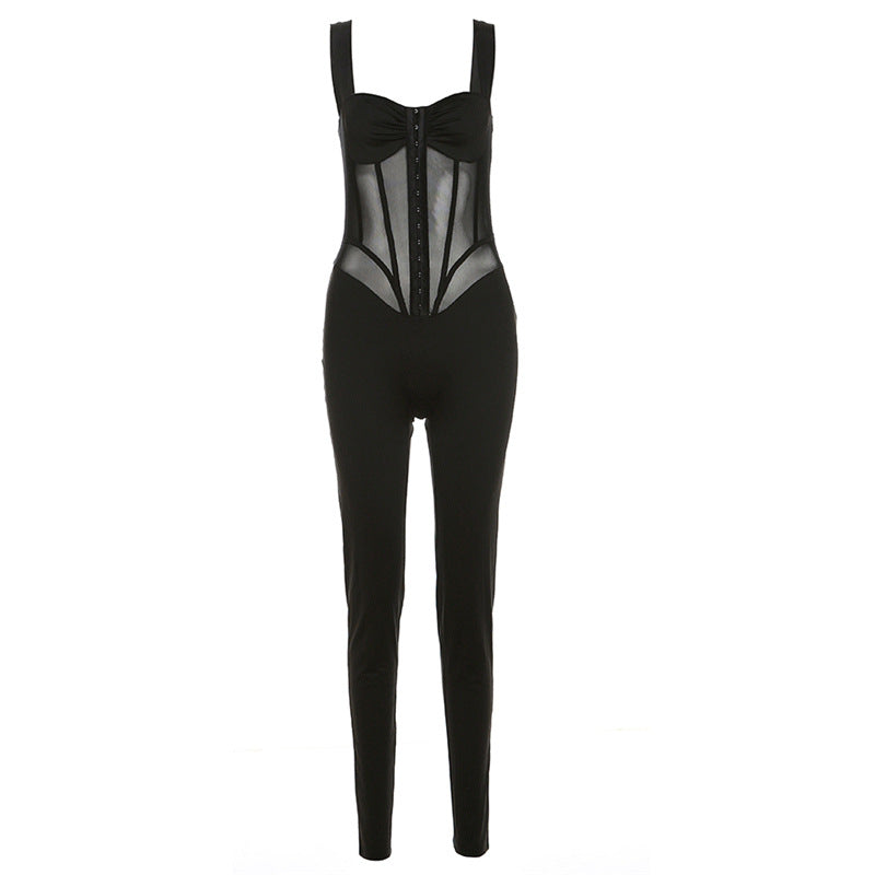 Frühlingskleidung für Damen Hosenträger Sexy Tiefer Ausschnitt Durchsichtig Schlanker Overall