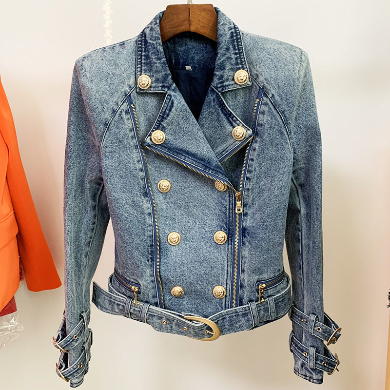 Damenmantel Löwenschnalle Schmaler Doppelreißverschluss Schräger Reißverschluss Gewaschene Jeans Motorradjacke