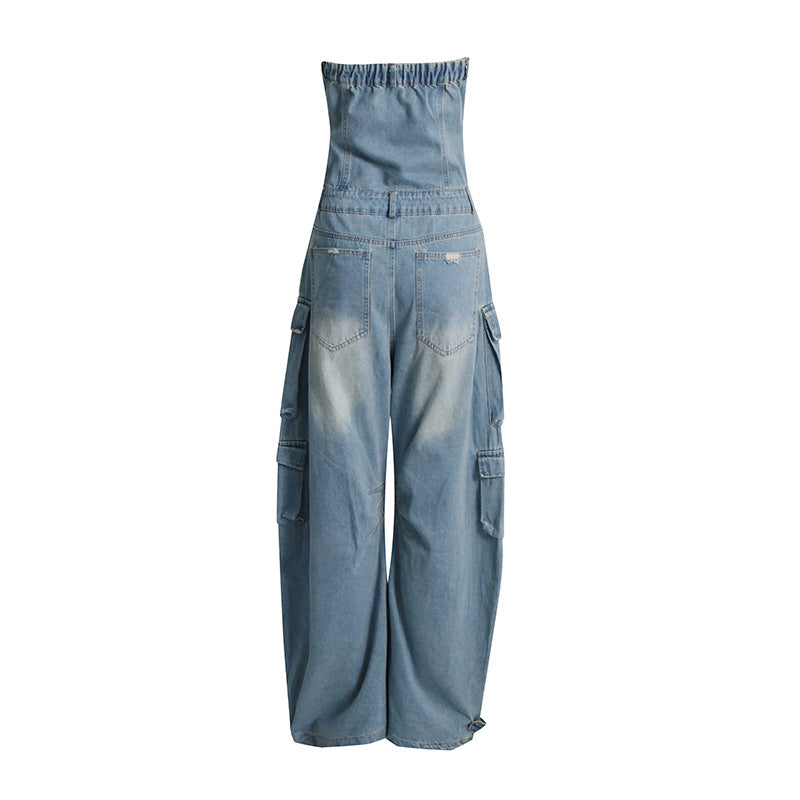 Sommer Multi-Taschen Zerrissen Taille Schlankmachend Sexy Bandeau-Top Overall Aus Jeans Für Damen