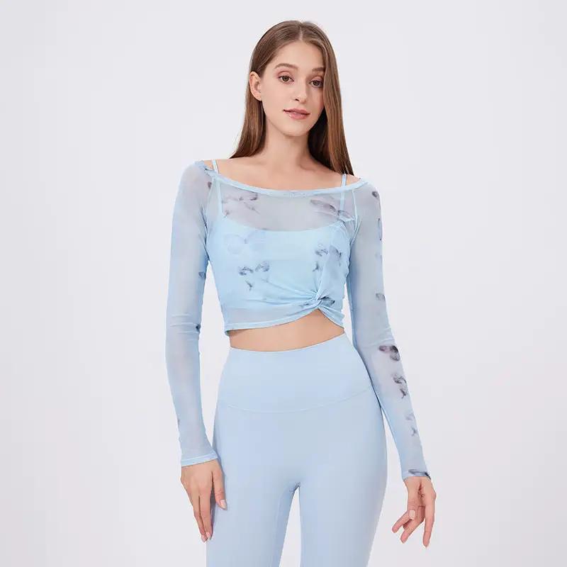 Floral Butterfly Faux Two Piece Sports T Shirt Women Long Sleeve with Chest Pad Yoga Clothes Mesh Top Quick Drying Slimming Workout Clothes by Wanita Store