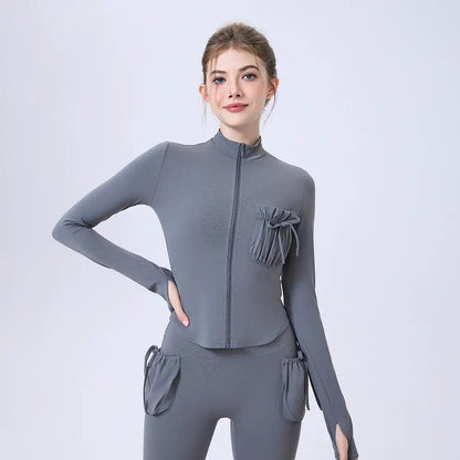 Zipper Sportswear Jacket Women Puffy Pocket Slim Fit Warm Slim Look Running Training Yoga Workout Long Sleeve by Wanita Store