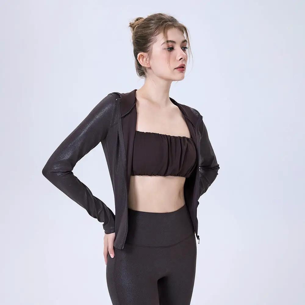 Faux Leather Nude Feel Sports Jacket Slim Fit Slimming Zipper Workout Clothes Top Hooded Comfortable Yoga Clothes Long Sleeve by Wanita Store