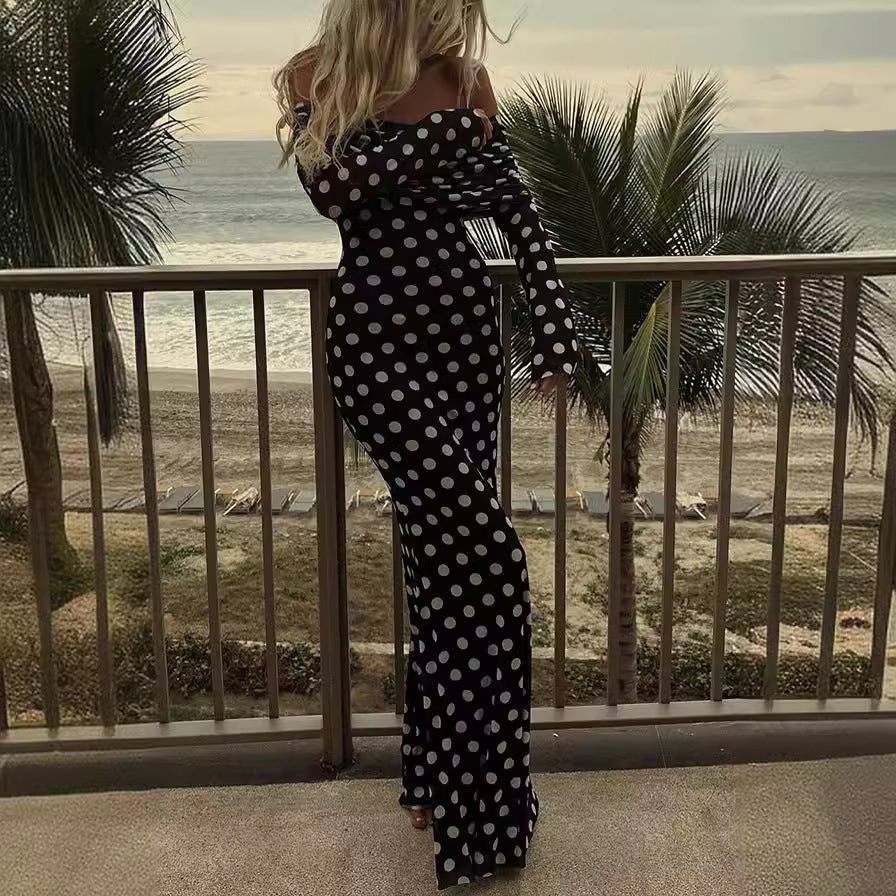 Frühling Sommer Gaze Polka Dot Nähte Off Shoulder Sexy Enges Kleid für Frauen