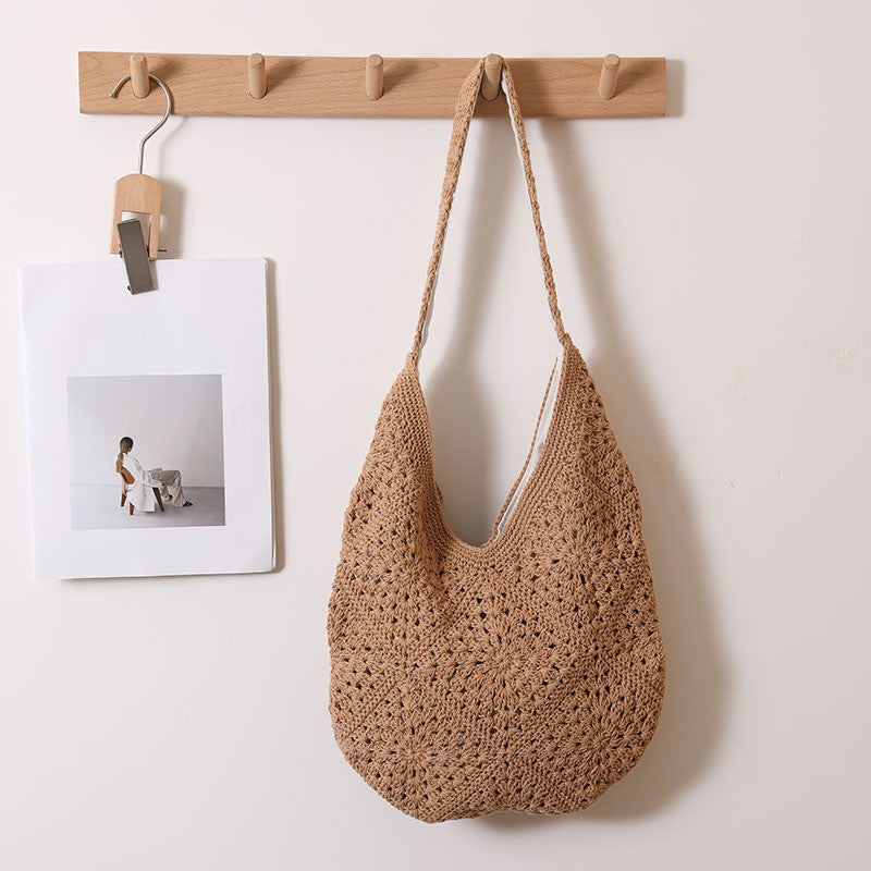 Casual Large Capacity Cotton Thread Woven Bag Hand Crocheted Floral Shoulder Bag Vacation Beach Bag Women Bag