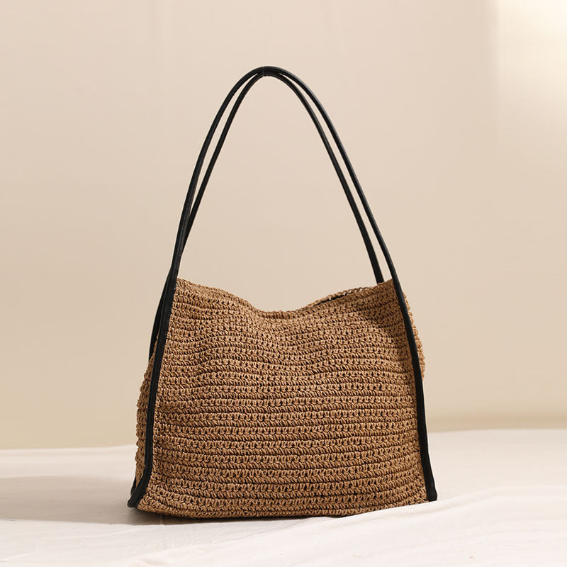 Französisch Große Kapazität Strohtasche Nische Einfarbige Strohtasche Gewebte Tasche Damen Urlaub Strandtasche Umhängetasche