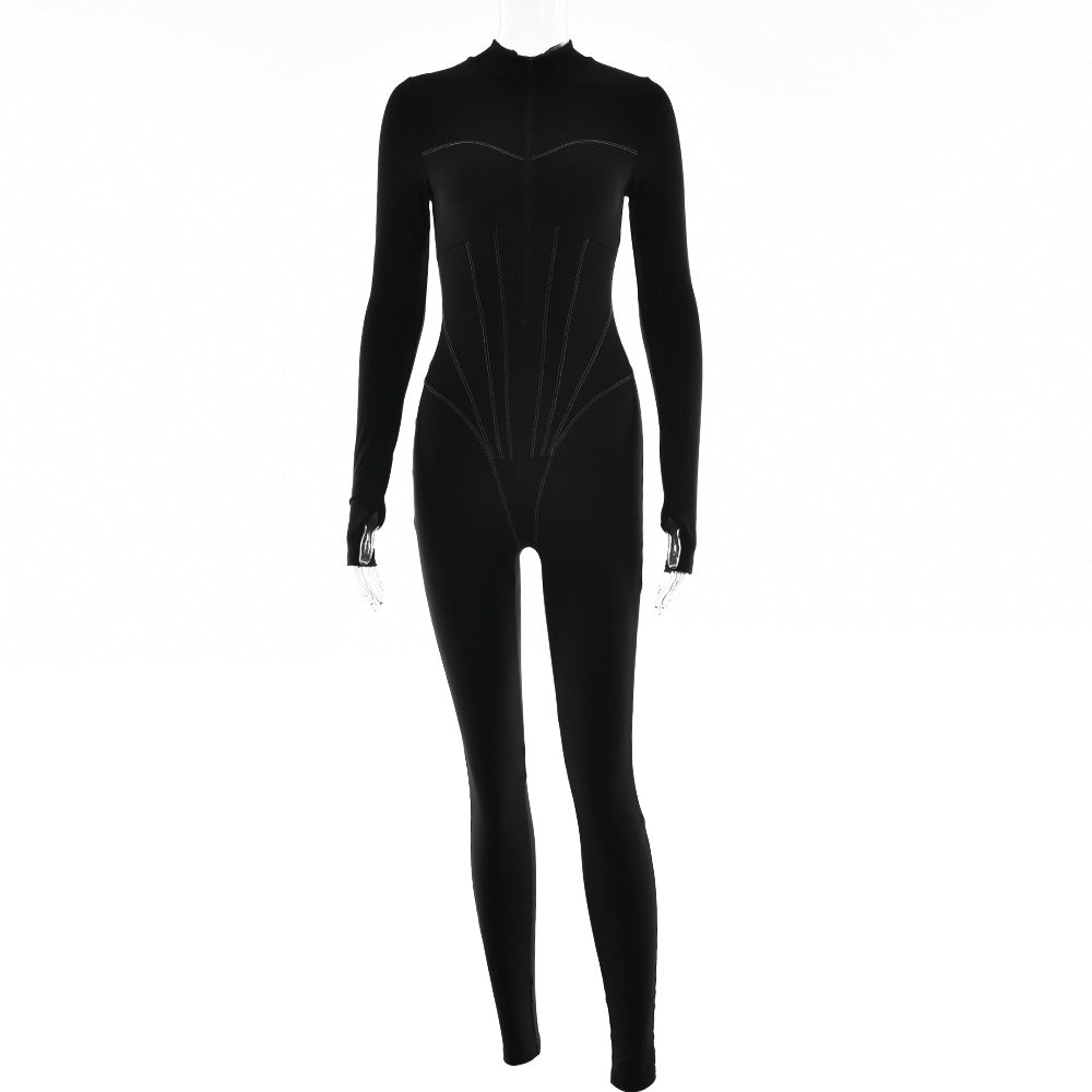 Women Clothing Sexy Tight Zipper Jumpsuit Autumn Long Sleeve round Neck Leggings