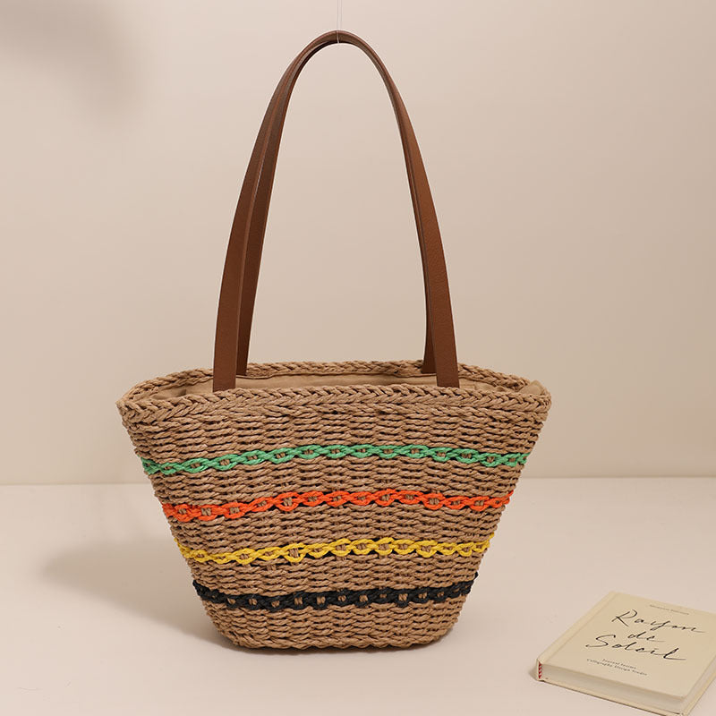 Bunte gestreifte Umhängetasche aus Stroh, große gewebte Tasche für Damen, Strandtasche für den Urlaub am Meer