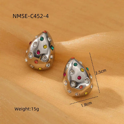 18K Gold Chubby Water Drop Stainless Steel Earrings Women Fashionable Diamond-Embedded Titanium Steel Ear Studs Earrings by Wanita Store