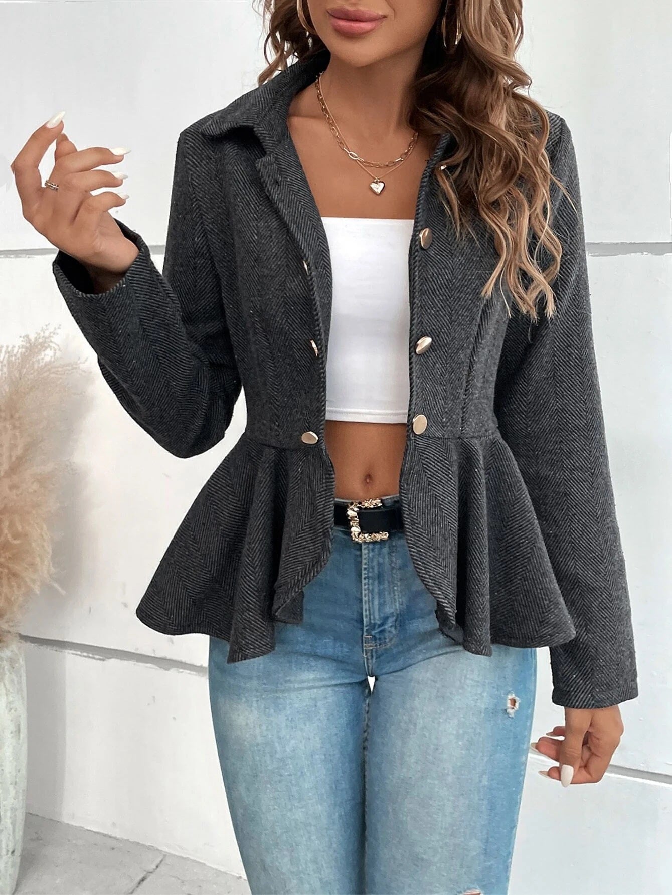 Damenbekleidung Kragen-Jacquard Rüschen-Slim Double Breasted Office Blazer für Damen