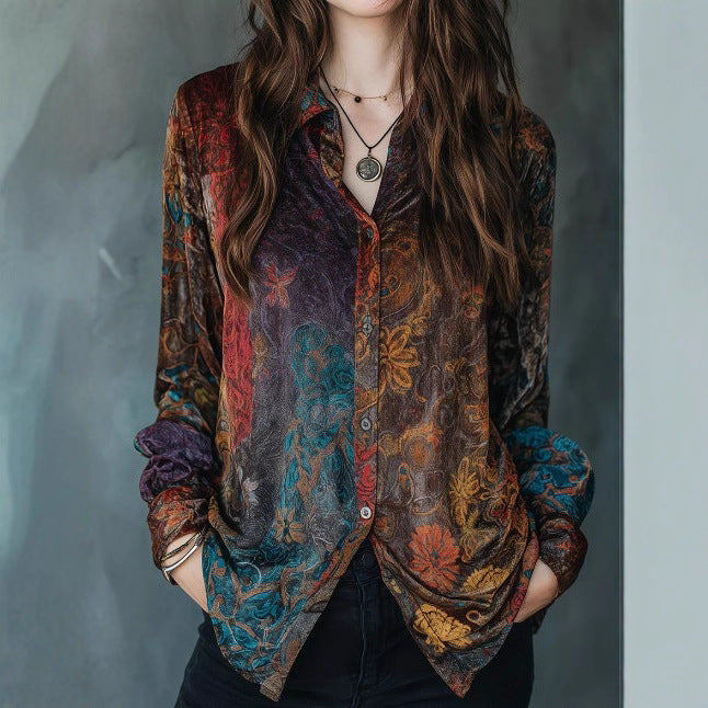 Casual Long Sleeved Button Shirt Vintage Floral Print Painted Design Shirt Women
