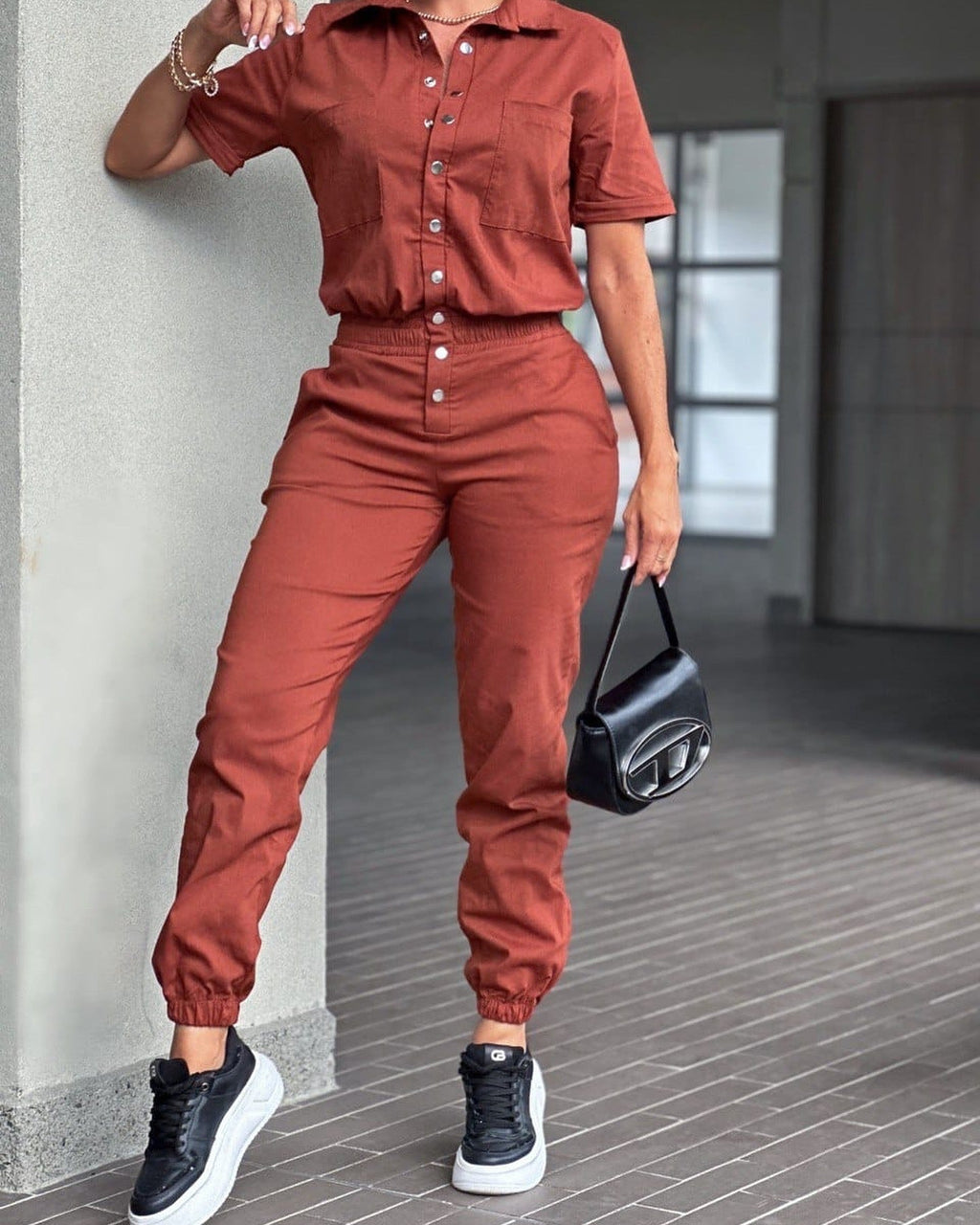 Casual Women Ankle Tied Jumpsuit Collared Pocket Waist Elastic Button Jumpsuit
