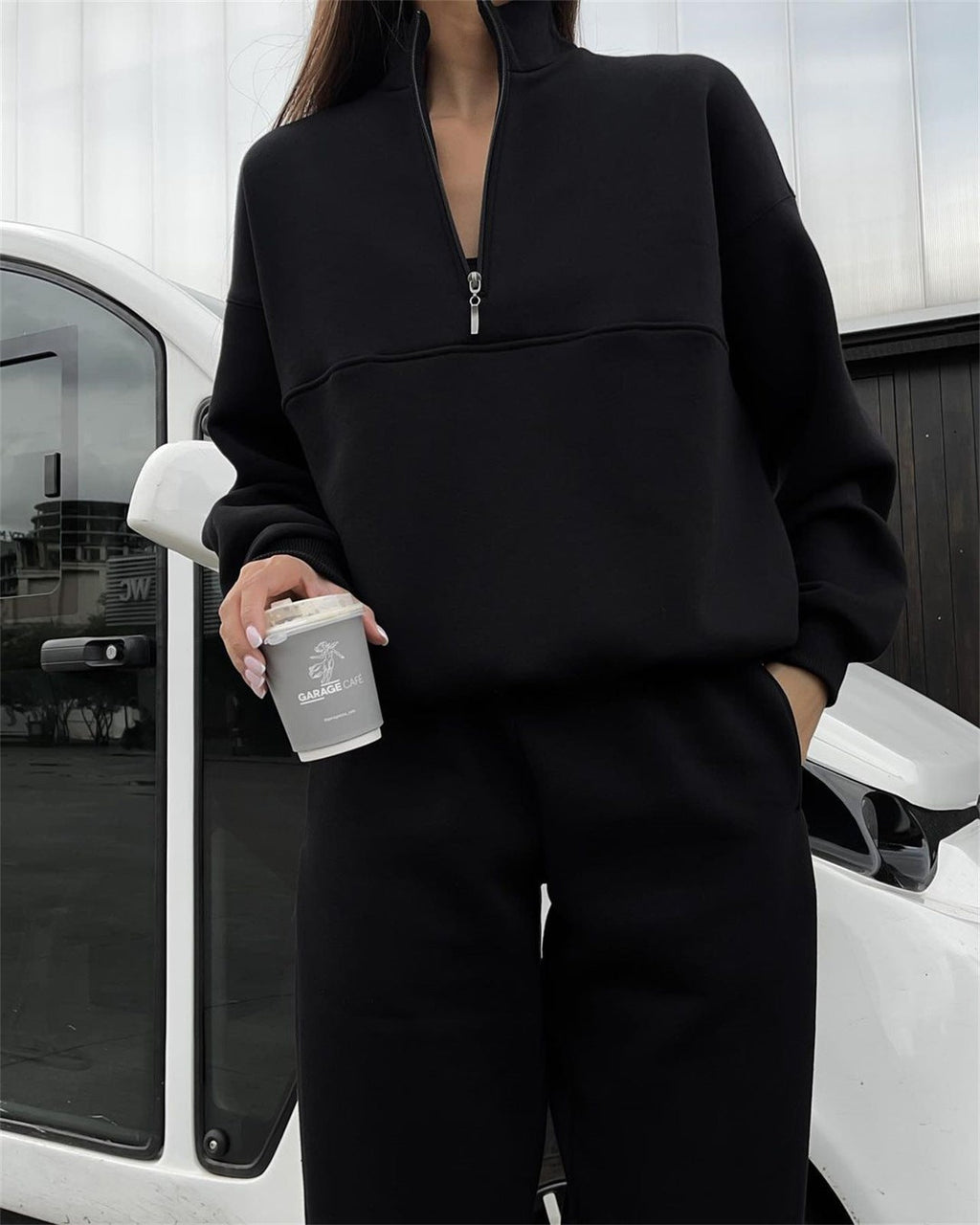 Damen Langarm Stehkragen-Pullover mit Reißverschluss, zweiteiliges Set, Herbst und Winter, bequem, locker, sportlich, lässig