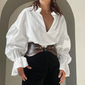Spring Women Clothing Cotton White Shirt Texture Loose V neck Puff Sleeve Long Sleeved Top