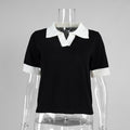 Short Sleeved Knitwear Summer Office Polo Collar Contrast Color Slim Fit Knitted Top