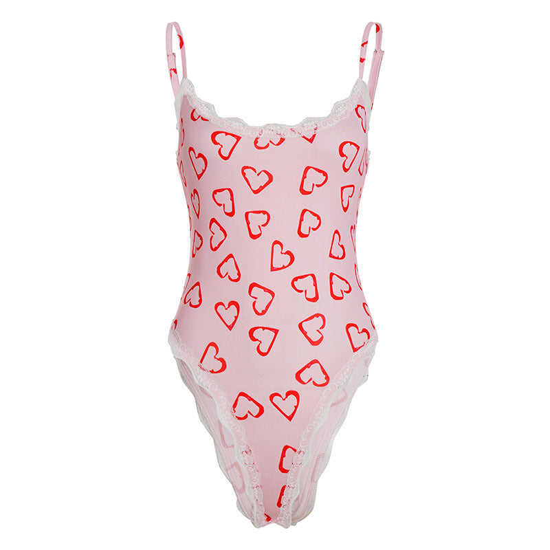 Sweet Spicy Girly Heart Printing Lace Stitching Jumpsuit Women Sexy Backless Slim Fit Sling Small Top