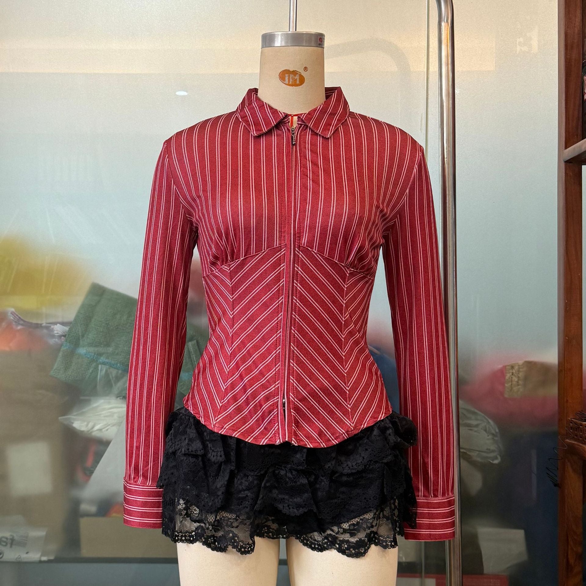 Women Clothing Spring Advanced Striped Long Sleeve Cardigan Shirt