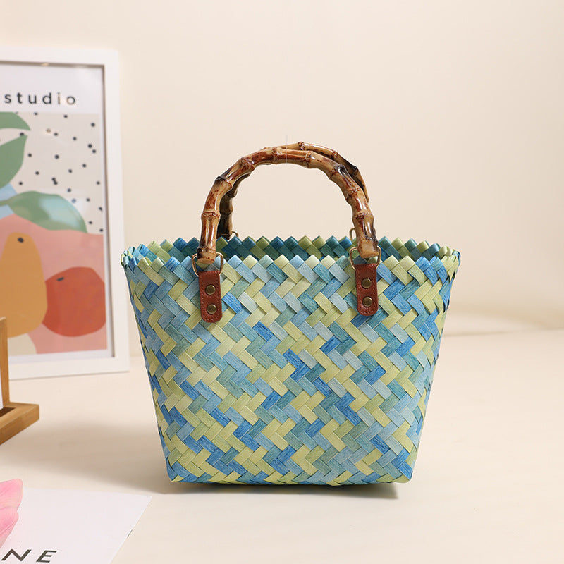 Retro Farben Tragbare Strohtasche Quadratische Handgewebte Tasche Urlaub Strandtasche Damentasche