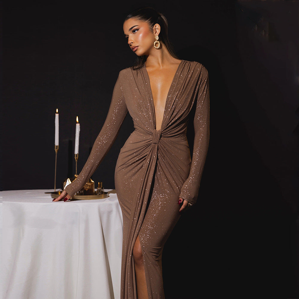 Herbst Winter Sexy Tief V-Ausschnitt Schleifenkleid Sexy Schlitz Enganliegendes Kleid