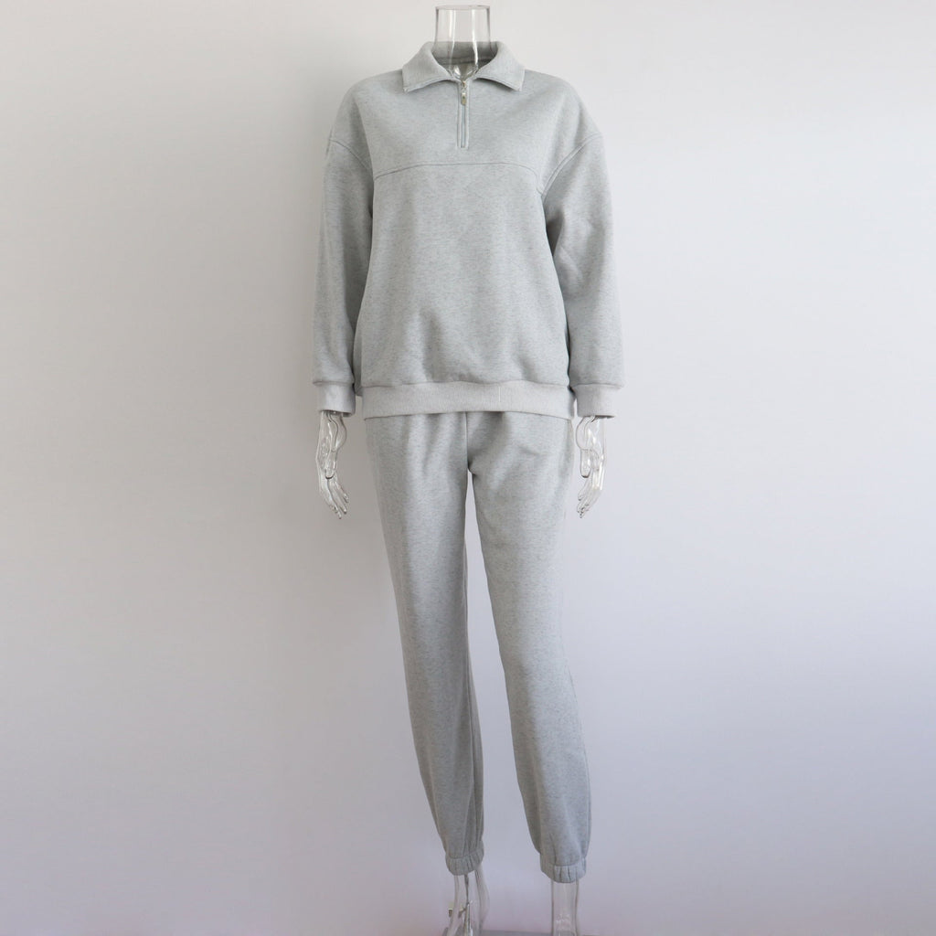 Damen Langarm Stehkragen-Pullover mit Reißverschluss, zweiteiliges Set, Herbst und Winter, bequem, locker, sportlich, lässig
