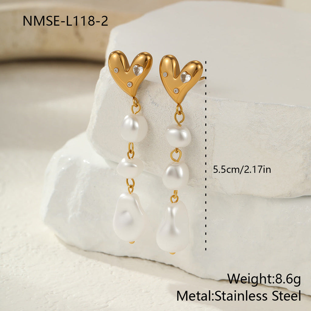 French Baroque Pearl Long Tassel Stainless Steel Earrings Light Extravagant Love Heart Shaped Design Earrings Ornament