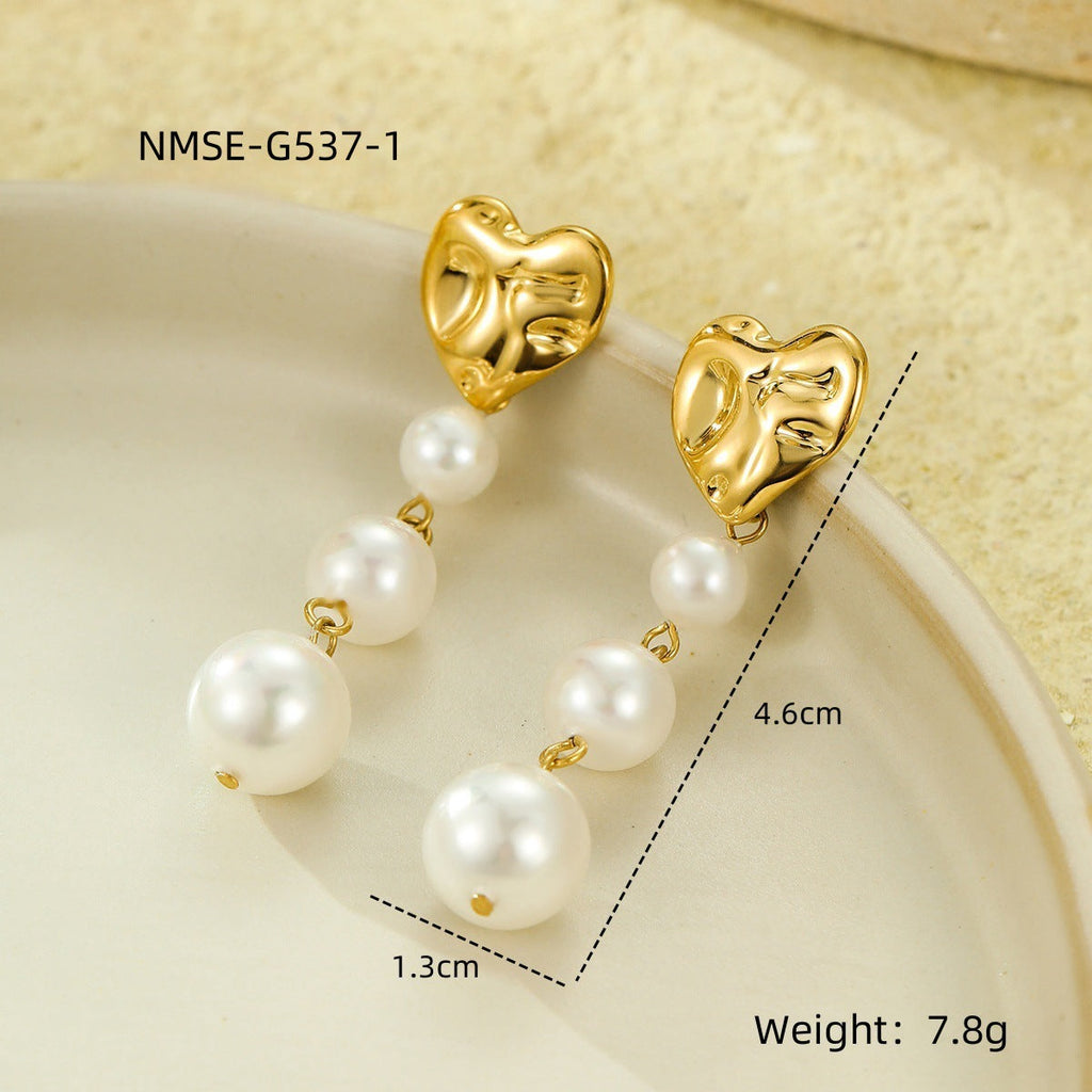 Titanium Steel Heart-Shaped Pleated Pearl Embellished Tassel 18K Gold All Match Stainless Steel Earrings