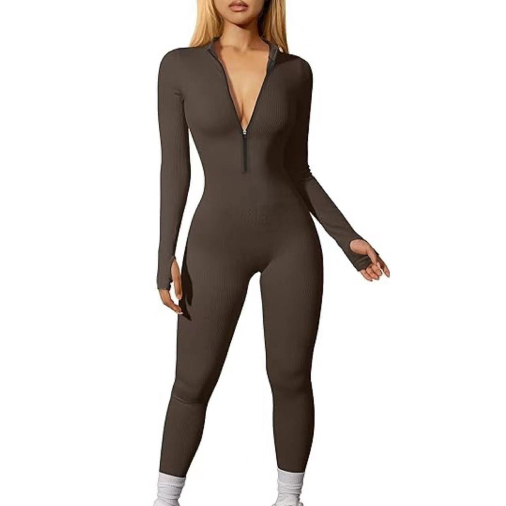 Damen Sport Jumpsuit Training Gerippt Langarm Reißverschluss Casual Jumpsuit Hose Eng