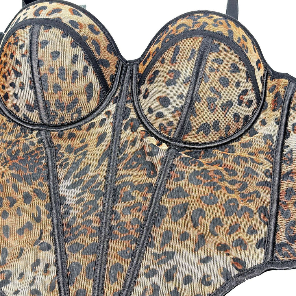 Sexy Leopard Print Stitching Bra Shoulder Straps High Grade Inner Mesh Lace See through Outer Wear Boning Corset Bra