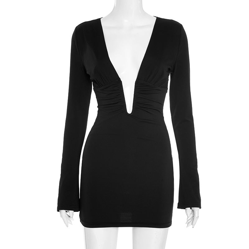 Women Clothing Summer Sexy Long Sleeve Deep V Plunge neck Hip Dress
