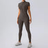 Zipper Short Sleeve Nude Feel Yoga Jumpsuit Women Outer Wear Workout Exercise Pants One Piece Tights by Wanita Store