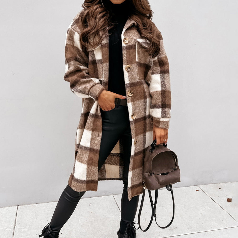 Herbst Winter Langer Einreihiger Kragen Shacket Wollmantel