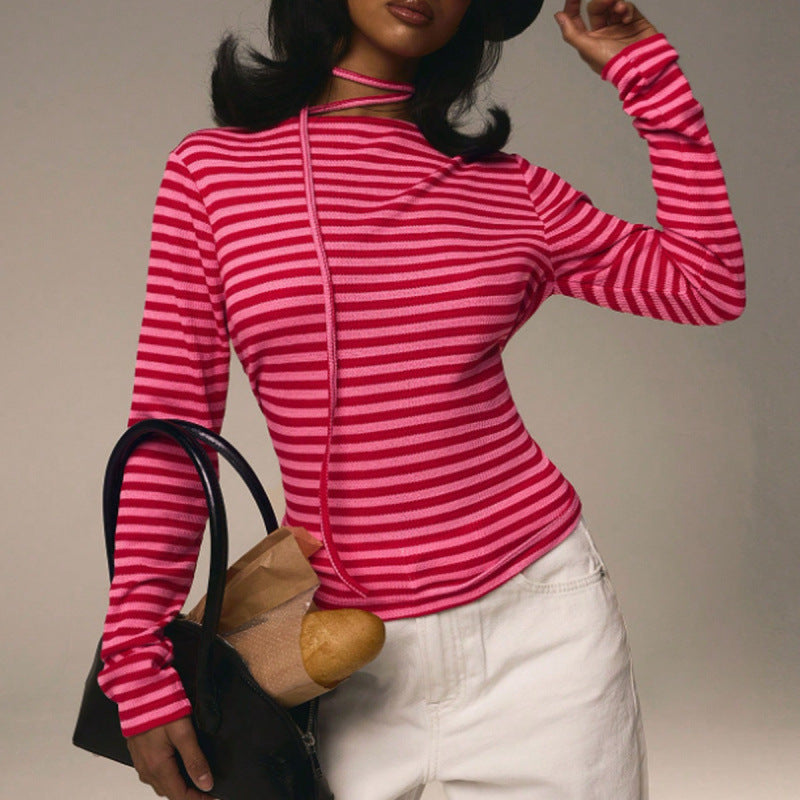 Bonte Spring Summer Type Elegant Slim Striped Stretch round Neck Long Sleeve Top Women