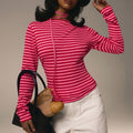 Bonte Spring Summer Type Elegant Slim Striped Stretch round Neck Long Sleeve Top Women