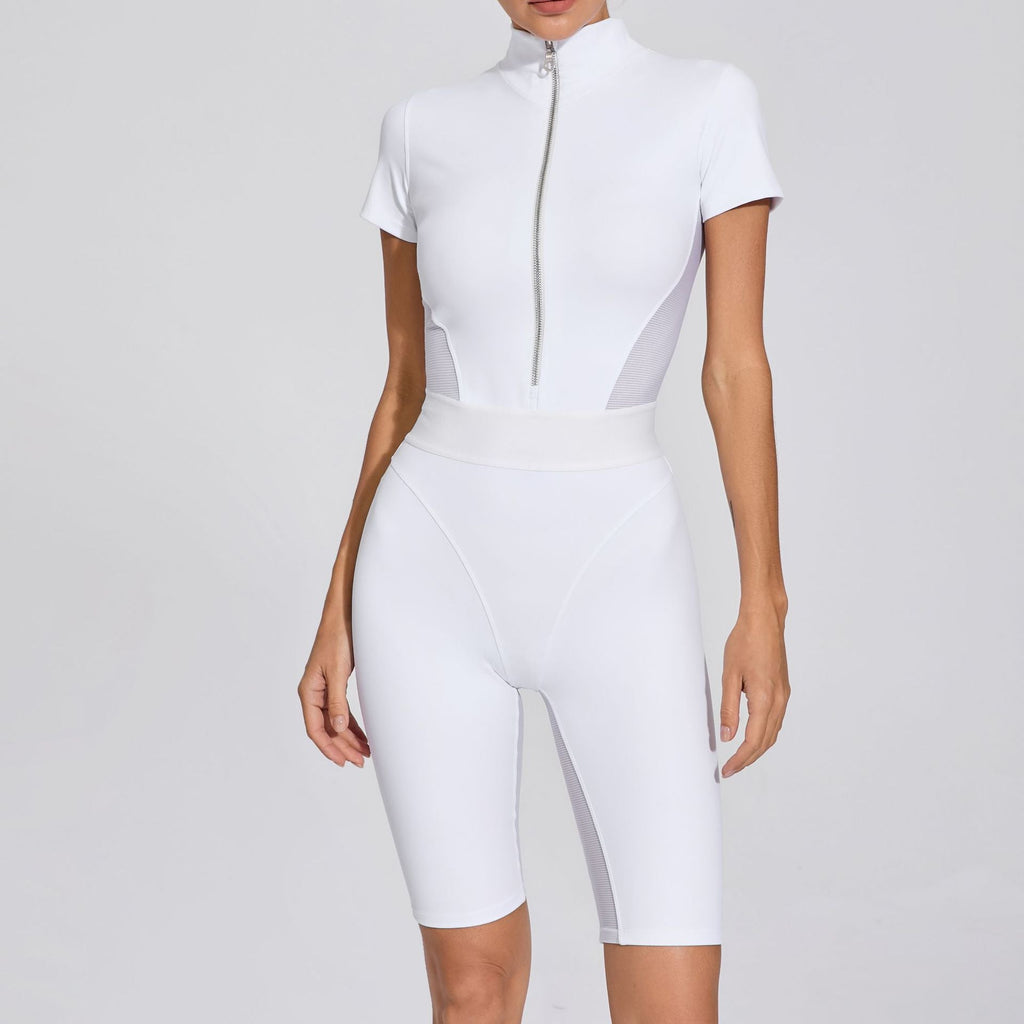 Taillierter Jumpsuit mit offenem Kragen, Reißverschluss, kurzen Ärmeln, Yoga-Jumpsuit für Damen, Patchwork, Fitness, enger Sport-Jumpsuit
