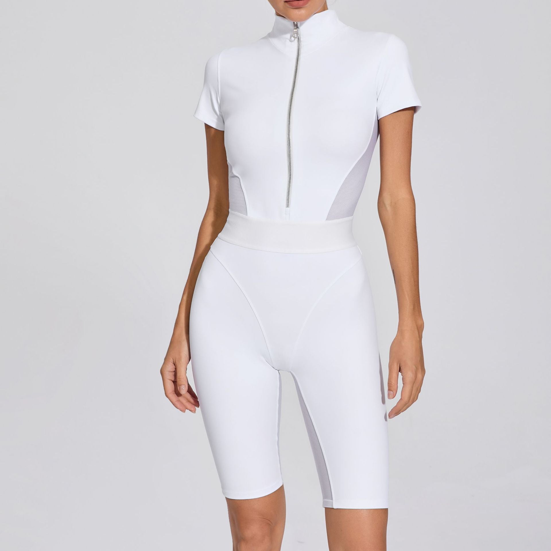 Taillierter Jumpsuit mit offenem Kragen, Reißverschluss, kurzen Ärmeln, Yoga-Jumpsuit für Damen, Patchwork, Fitness, enger Sport-Jumpsuit