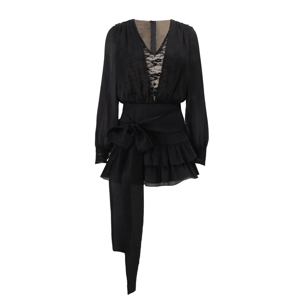 Autumn French Pure Lace Splicing Sexy V neck Long Sleeve Dress