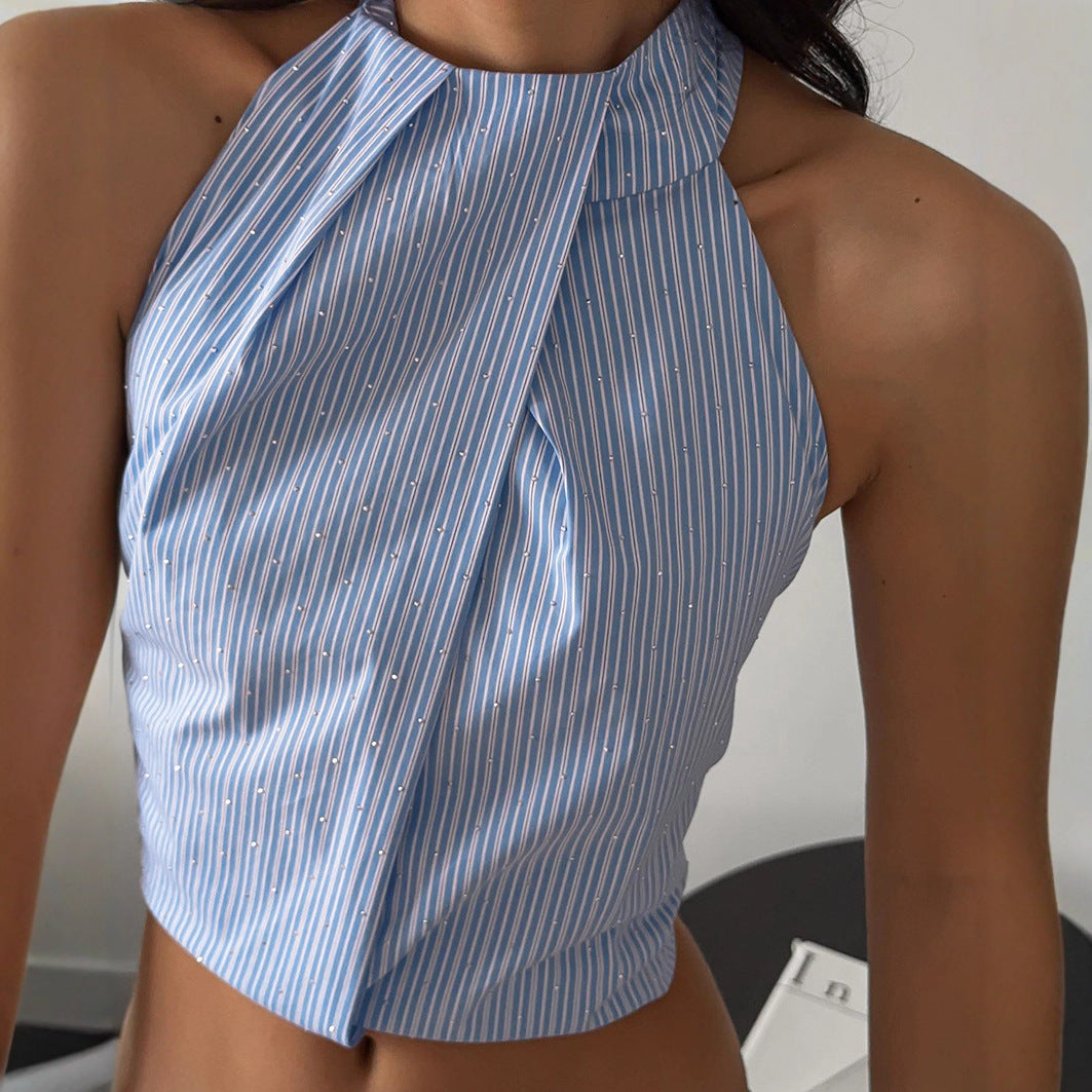 Sexy Short Jacquard Halter Backless Striped Spaghetti Straps Summer Vest for Women