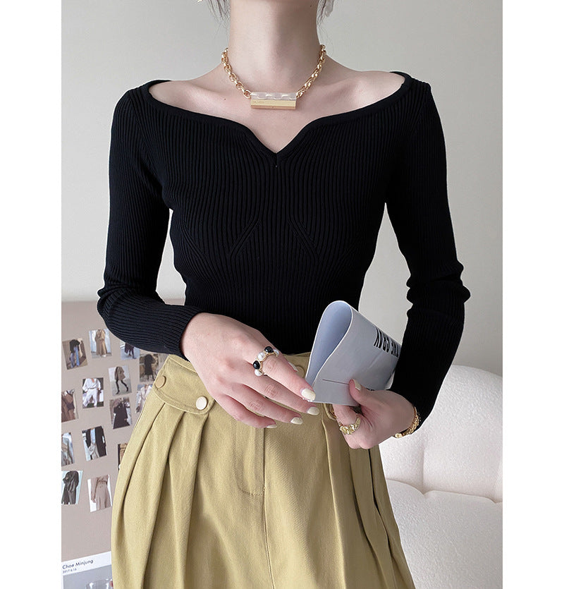 Blütenkragen kurzer Pullover für Damen Herbst Schmal geschnittener Schlüsselbein-Bottoming-Shirt