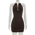 Women Clothing Summer Sleeveless Eyelet Halter Swing Collar Tight Dress