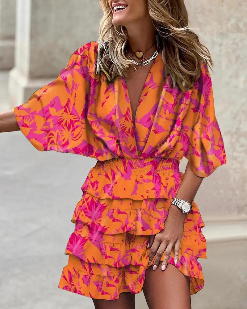 Women Batman Sleeve V Neck Irregular Hem Dress by Wanita Store