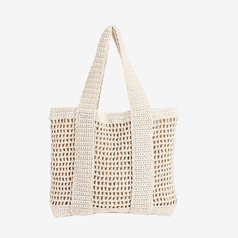Lässige Korbtasche mit großem Fassungsvermögen aus Baumwollfaden, ausgehöhlte Strandtasche für den Urlaub am Meer, Netz-Umhängetasche