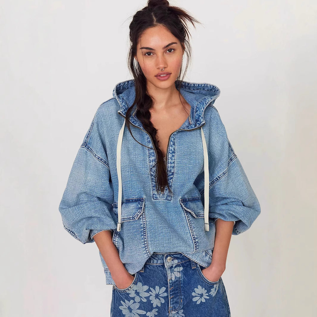 Herbst Lässige Weite Kapuzen-Jeans-Langarm-Oberteile mit Waschung
